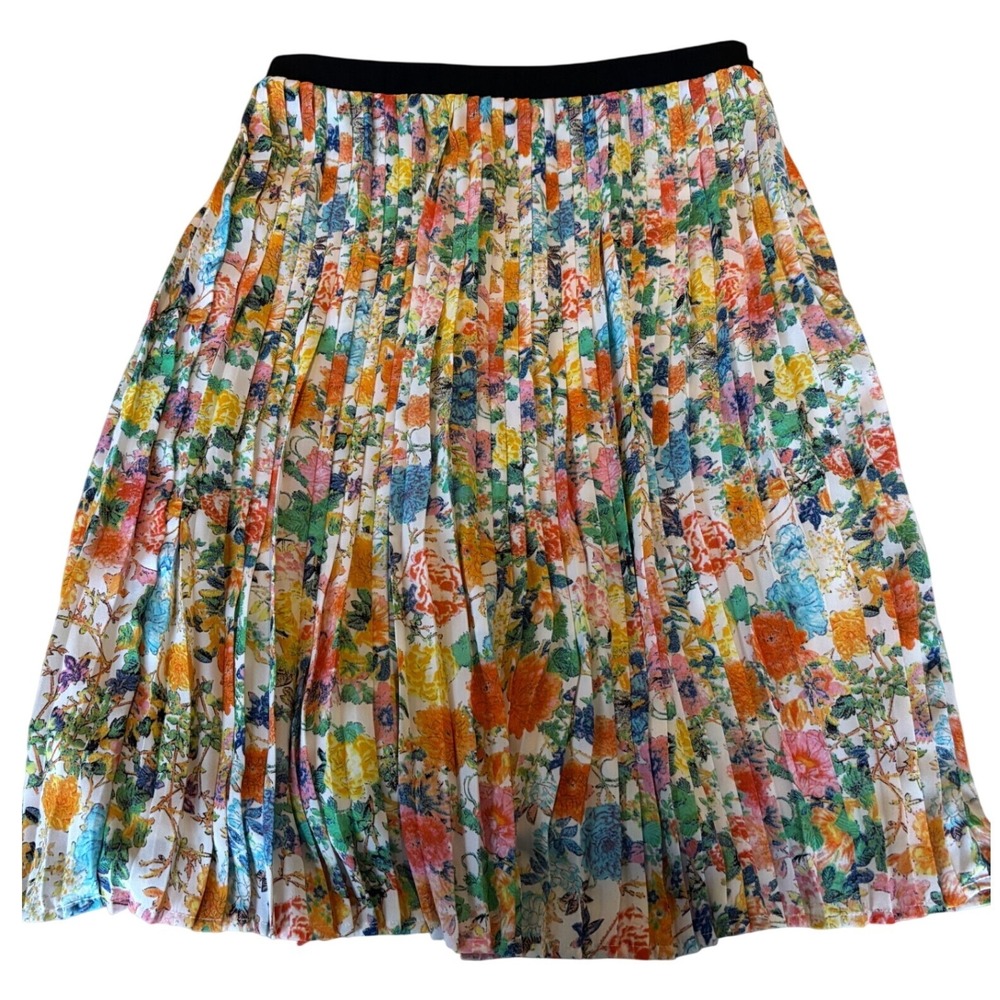 Black Rainn pleated floral midi skirt womens S multicolor elastic back waist